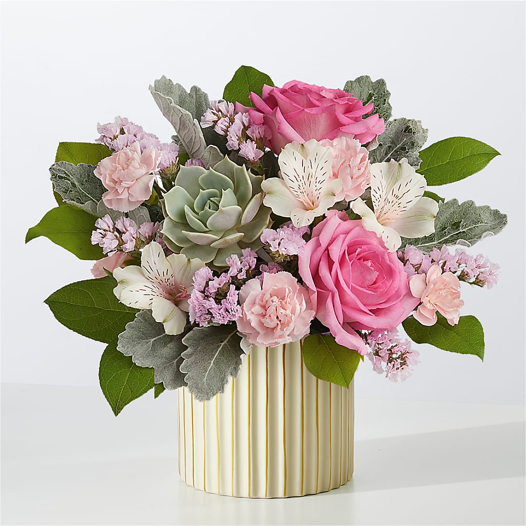 Dusty Rose Bouquet with Ivory Vase – M & R FLOWER AND GIFT SHOP, Lancaster CA