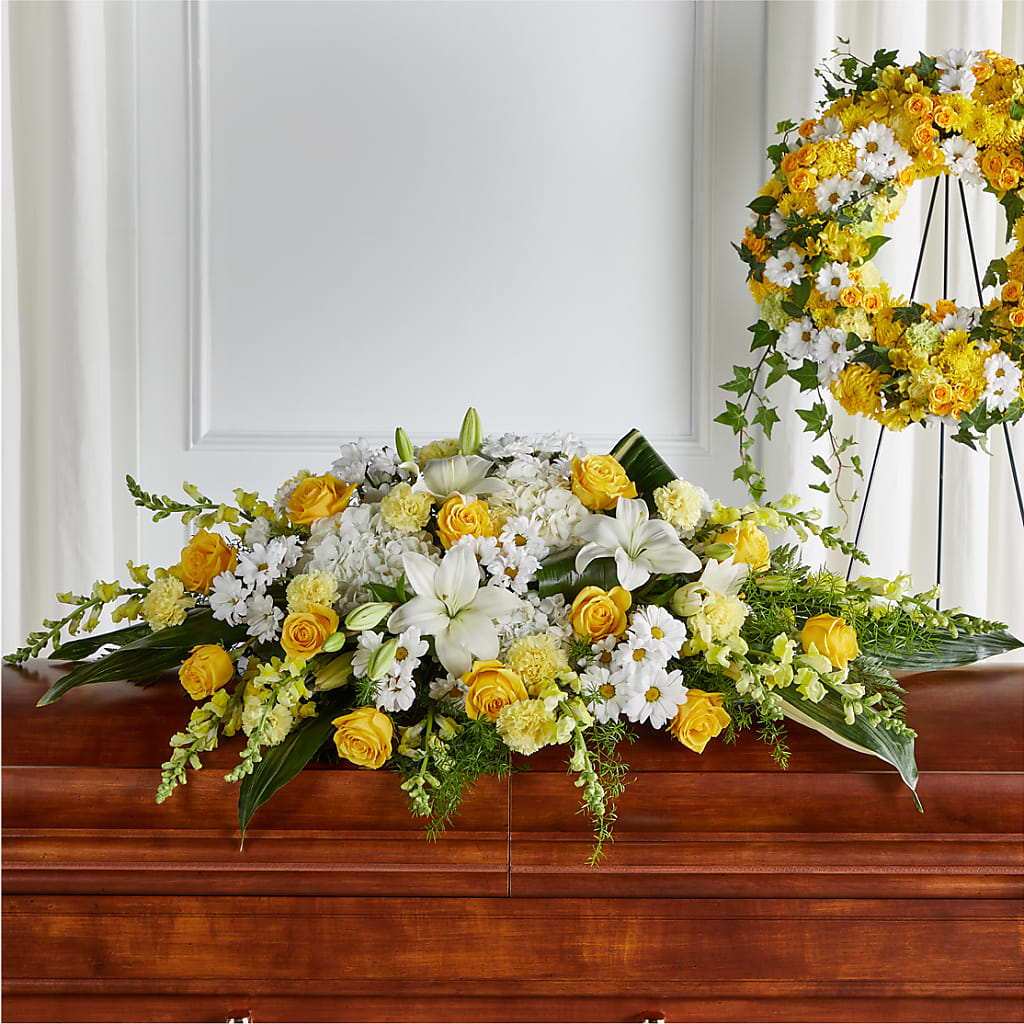 Golden Harmony Casket Spray – M & R FLOWER AND GIFT SHOP, Lancaster CA