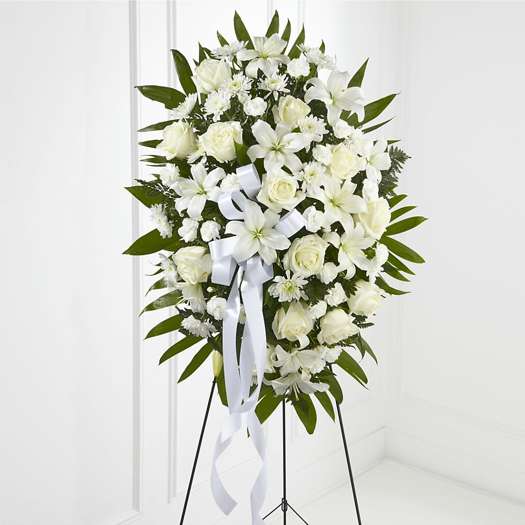 Exquisite Tribute Standing Spray-White Ribbon – M & R FLOWER AND GIFT SHOP, Lancaster CA