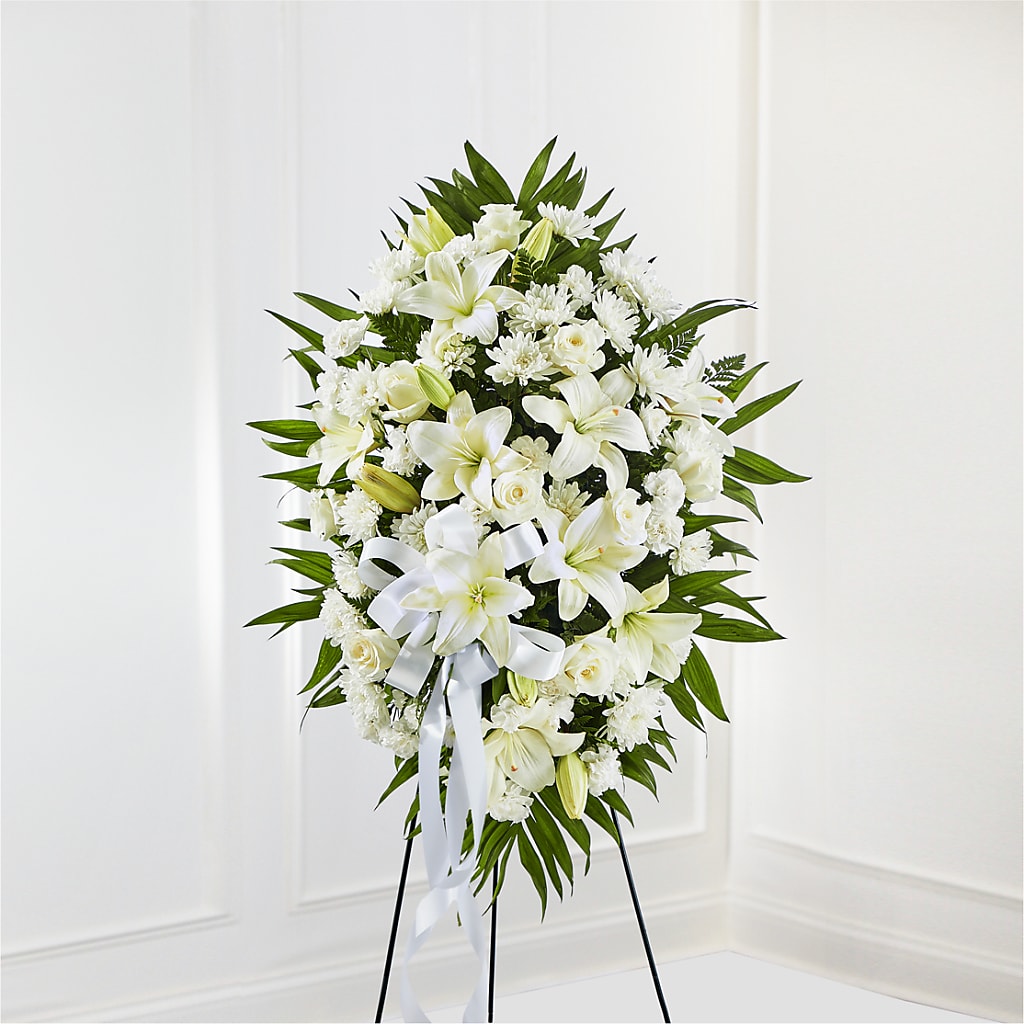 Exquisite Tribute Standing Spray-White Ribbon – M & R FLOWER AND GIFT SHOP, Lancaster CA