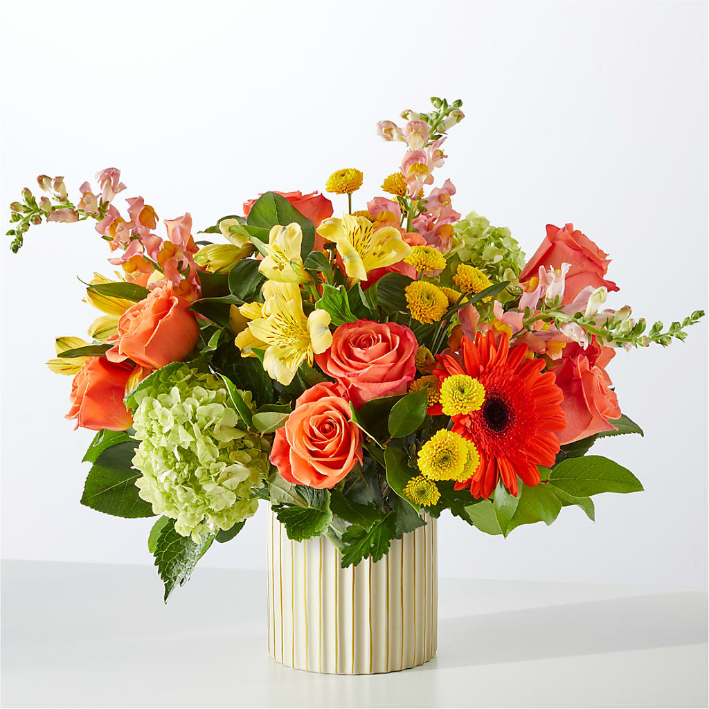 Autumn Sunshine Bouquet with Ivory Vase – M & R FLOWER AND GIFT SHOP, Lancaster CA