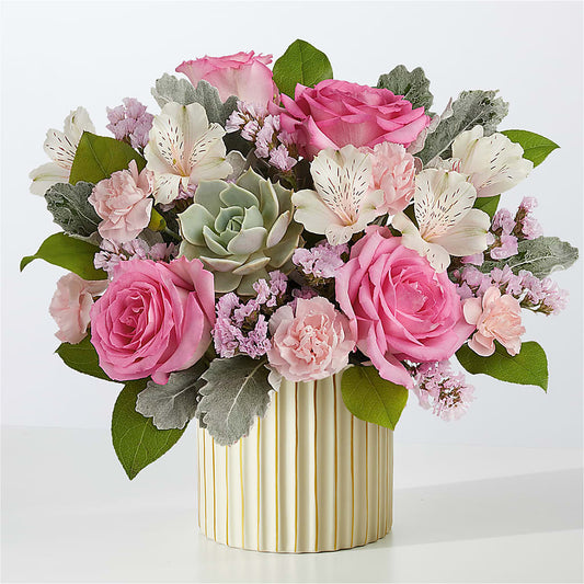 Dusty Rose Bouquet with Ivory Vase – M & R FLOWER AND GIFT SHOP, Lancaster CA