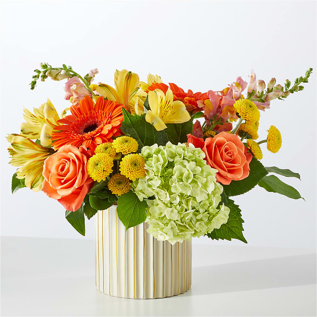 Autumn Sunshine Bouquet with Ivory Vase – M & R FLOWER AND GIFT SHOP, Lancaster CA