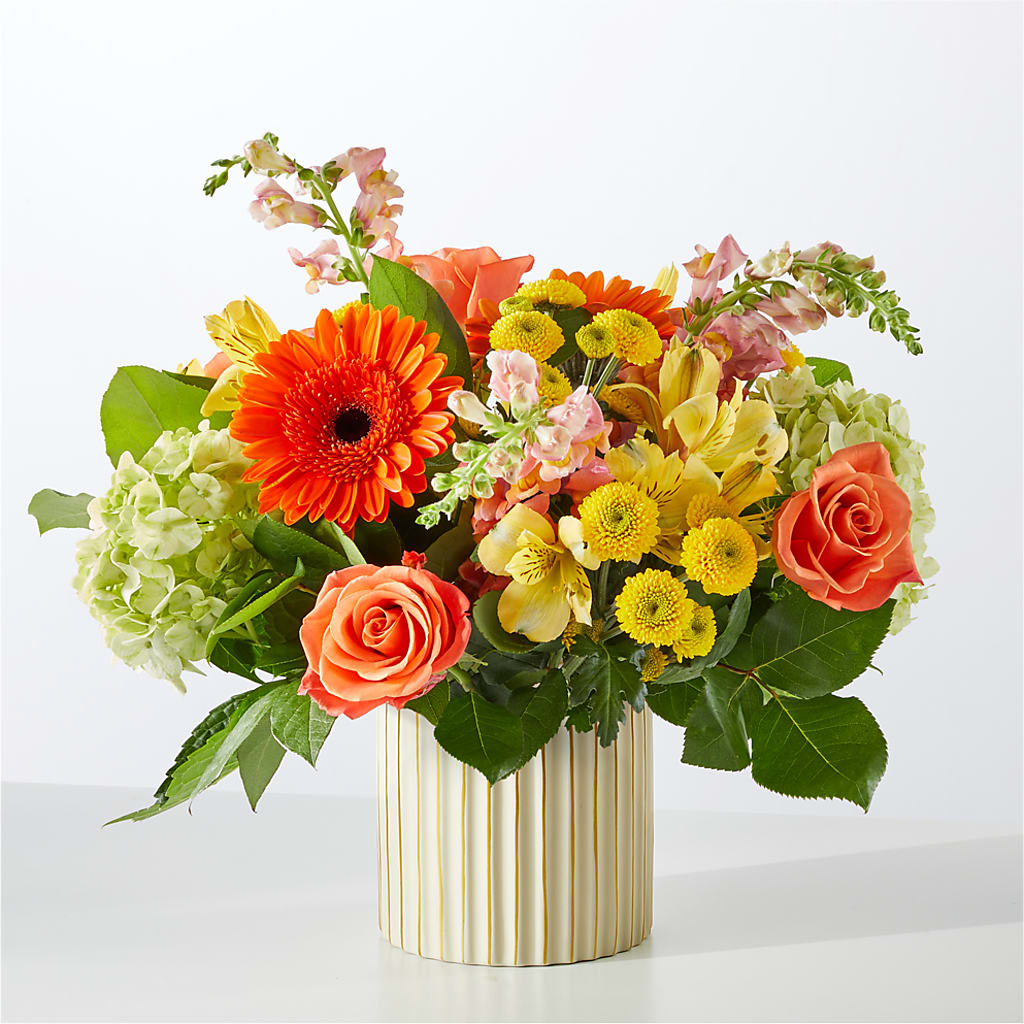 Autumn Sunshine Bouquet with Ivory Vase – M & R FLOWER AND GIFT SHOP, Lancaster CA
